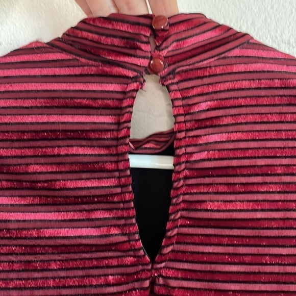 LULUS TICKET TO CHIC BURGUNDY STRIPED BELVET BALLOON SLEEVE DRESS - Picture 6 of 7